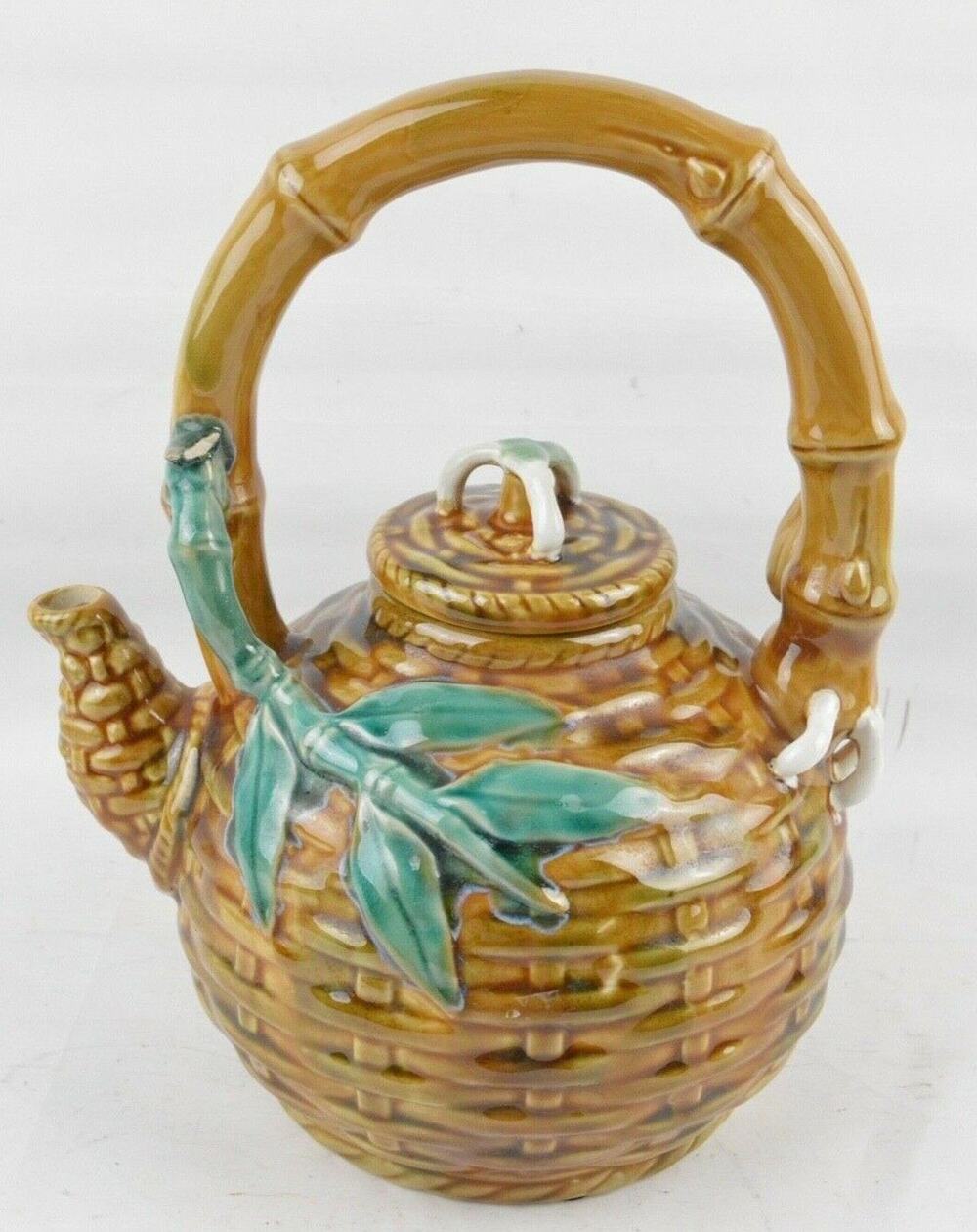 Chinese Antique Majolica Sancai Teapot 10" Bamboo Handle Basket Weave Ceramic